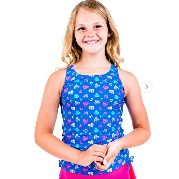 New Calypsa Blue Hearts Abby Quick Dry Side Ruching Swim Tankini UPF 50+ Size 8 - Picture 2 of 6